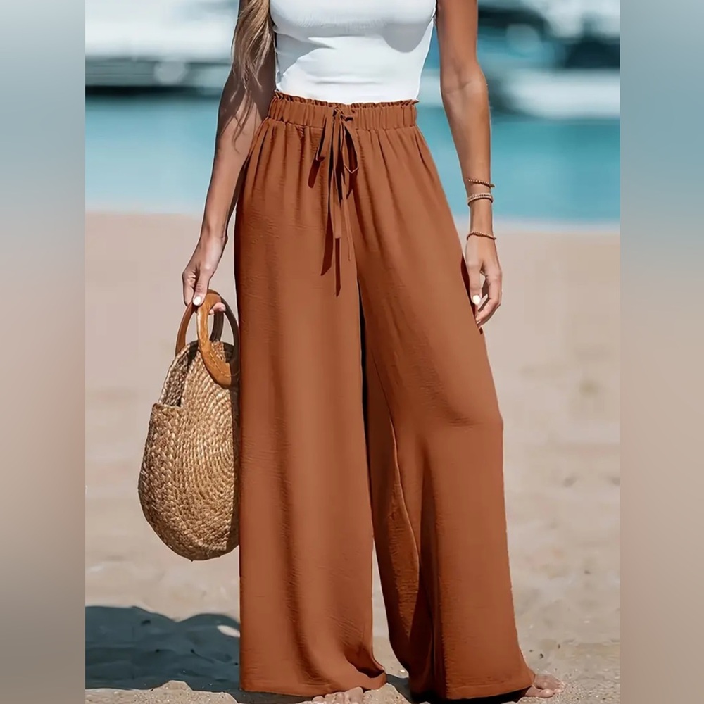 Long Length Elegant Wide Leg Pants - Soft Polyester, Fake Drawstring, - Picture 6 of 7